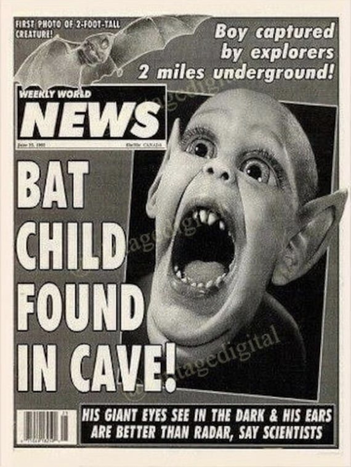 batboy tabloid - First Photo Of 2FootTall Creature! Weekly World Boy captured by explorers 2 miles underground! News 2220 Bat Child Found In Cave! tagedigital His Giant Eyes See In The Dark & His Ears Are Better Than Radar, Say Scientists